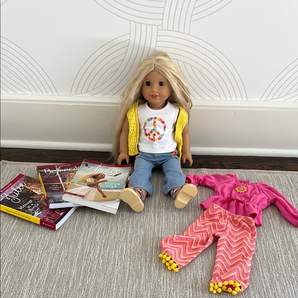 American Girl Doll Julie + pajamas + 3 books